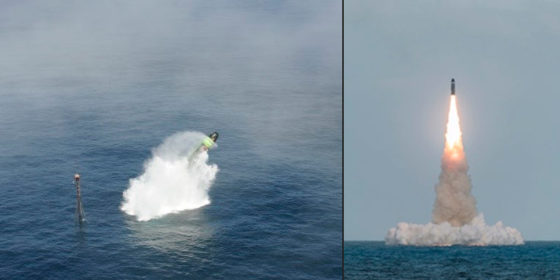 Tirs d’essai, à partir d’un SNLE en immersion, d’une maquette inerte de missile balistique (vue de gauche) et d’un missile réel (vue de droite)